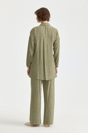 Rayon Tunic and Pants Set with Net and Stone Accessory Detail - Khaki