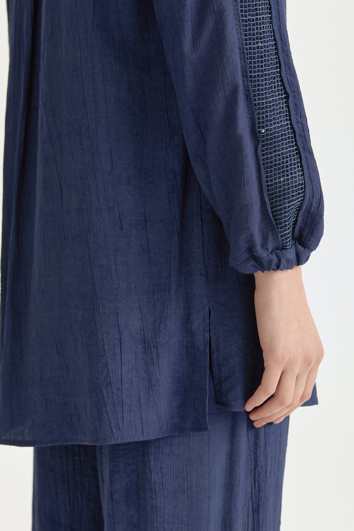 File ve Taş Aksesuar Detaylı Rayon Pantolon Tunik Takım - Lacivert