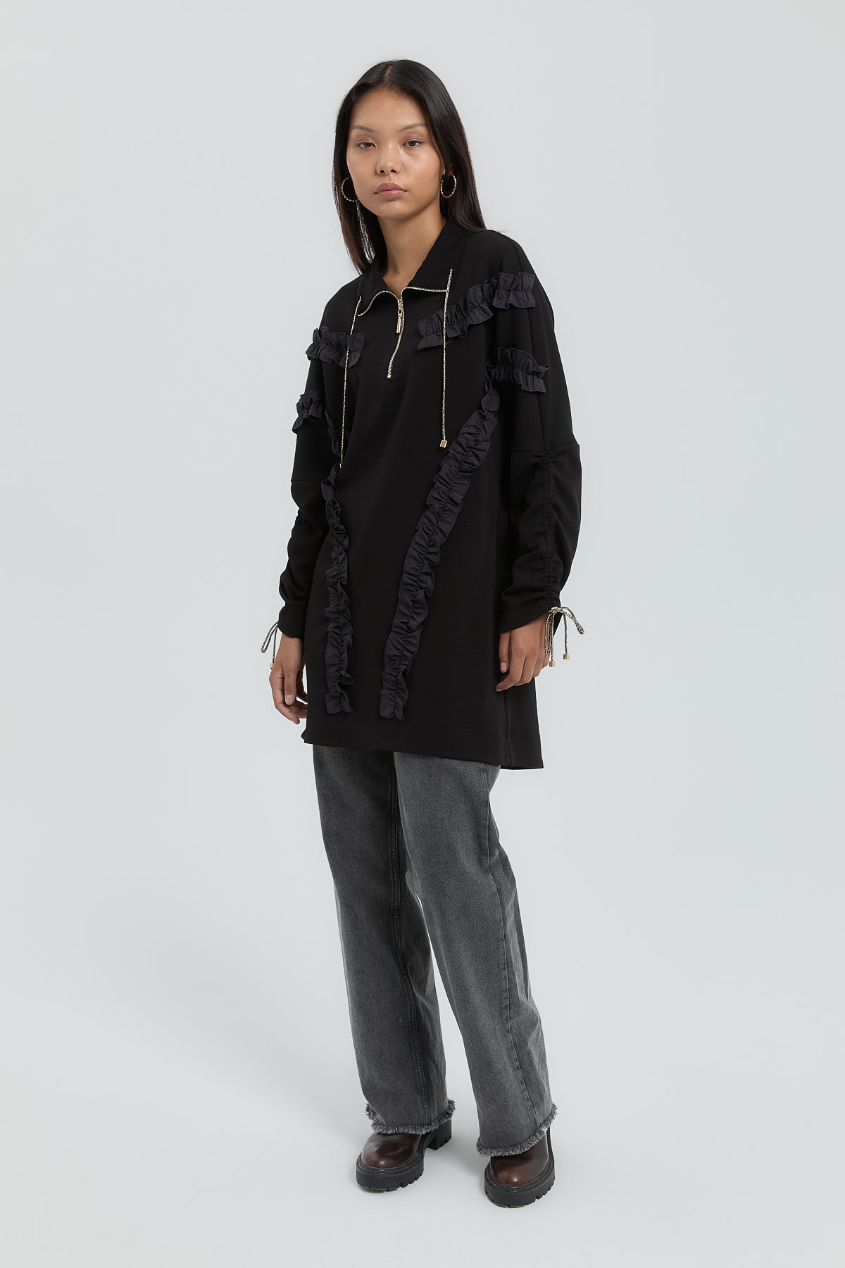 Fırfır Detaylı Sweat - Siyah