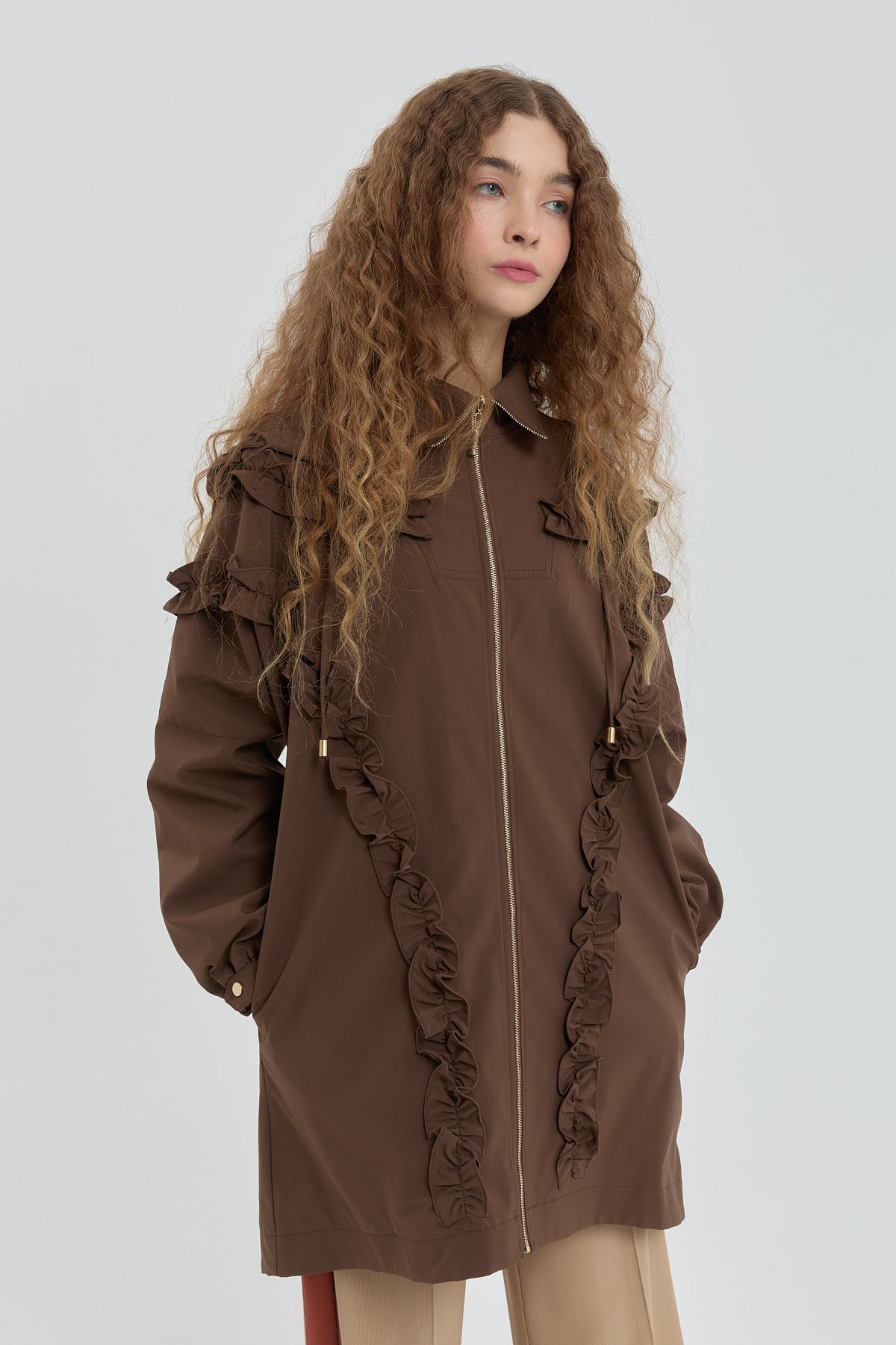 Raincoat with Ruffle Details - Brown