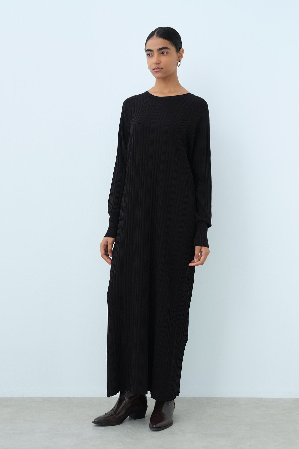 Fitilli Rayon Elbise - Siyah