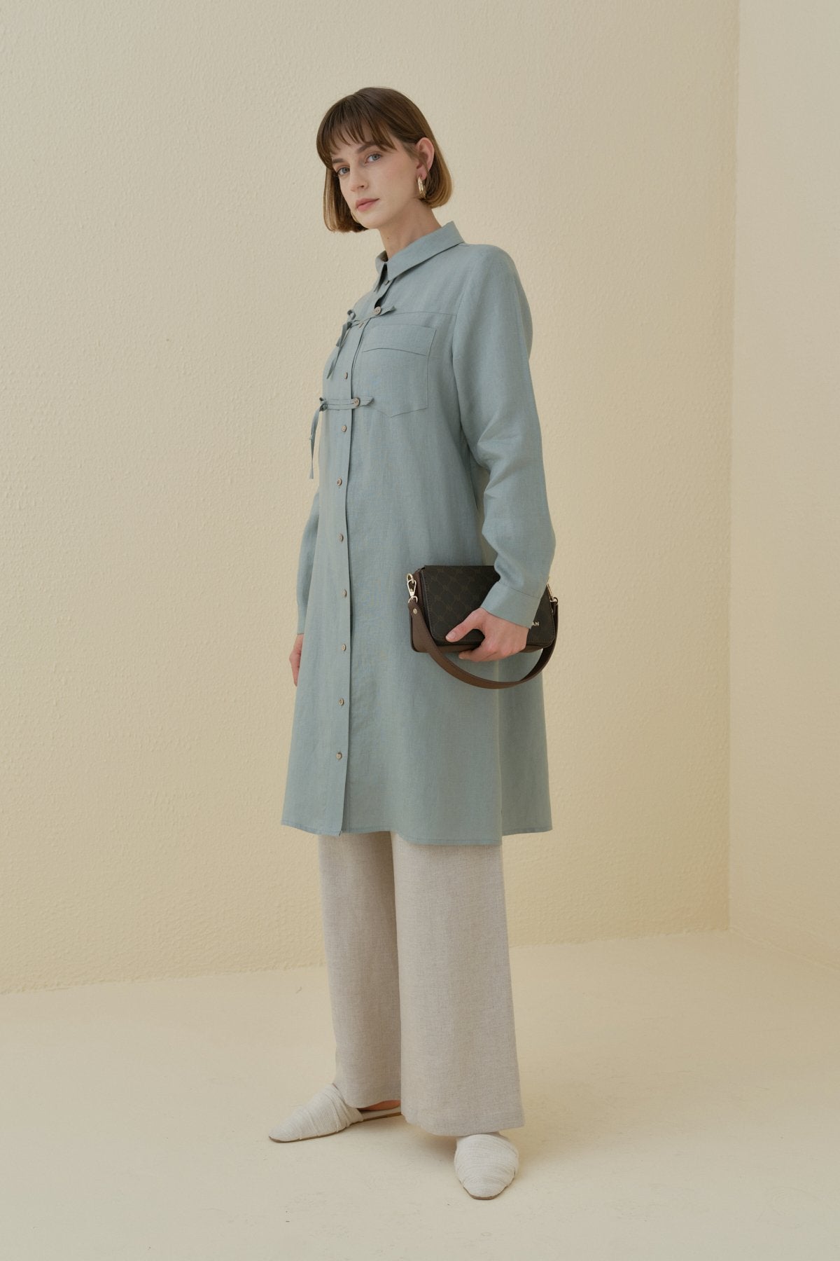Linen Tunic with Bow and Pocket Detail - Mint