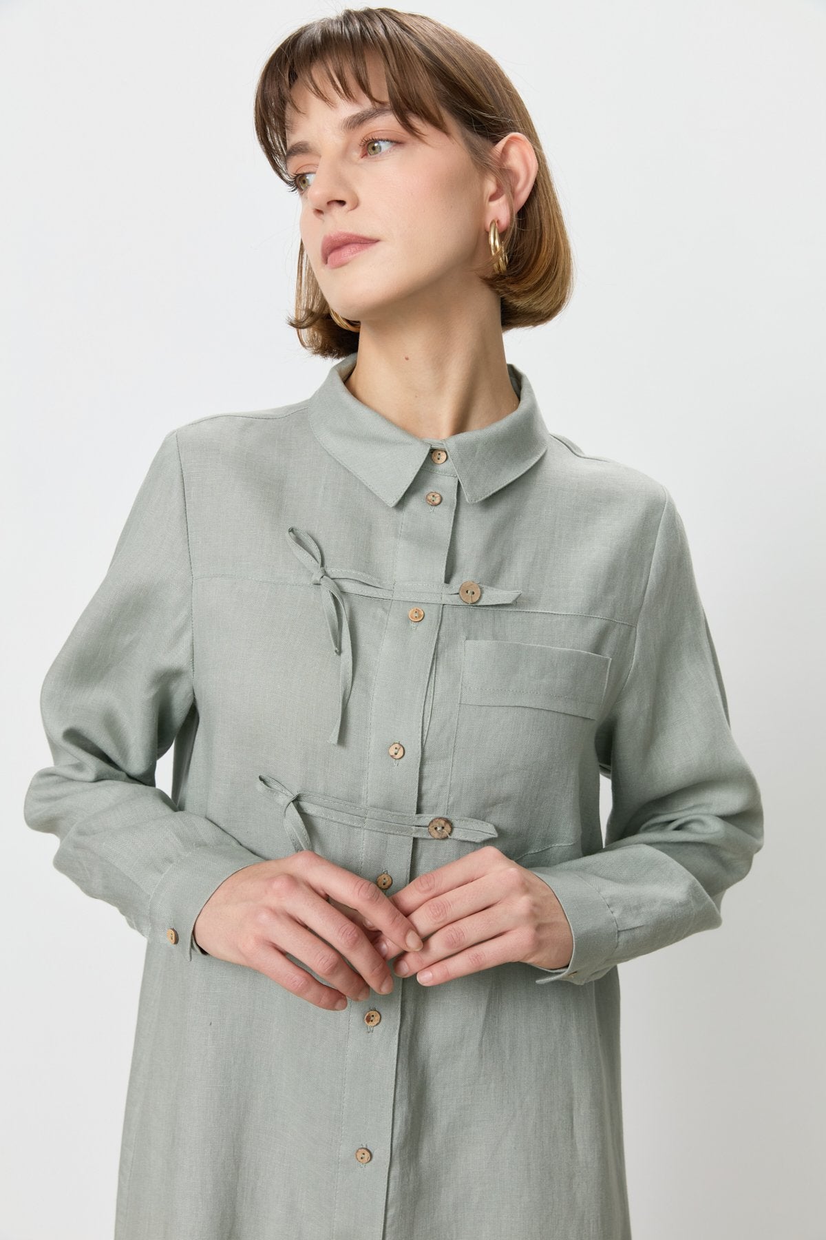 Linen Tunic with Bow and Pocket Detail - Mint