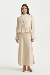 Gathered Viscose Blouse with Bow Detail - Beige