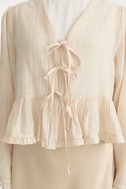 Gathered Viscose Blouse with Bow Detail - Beige
