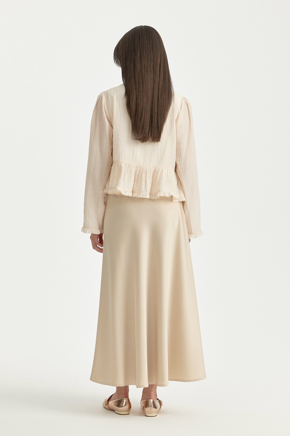 Gathered Viscose Blouse with Bow Detail - Beige