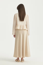 Gathered Viscose Blouse with Bow Detail - Beige
