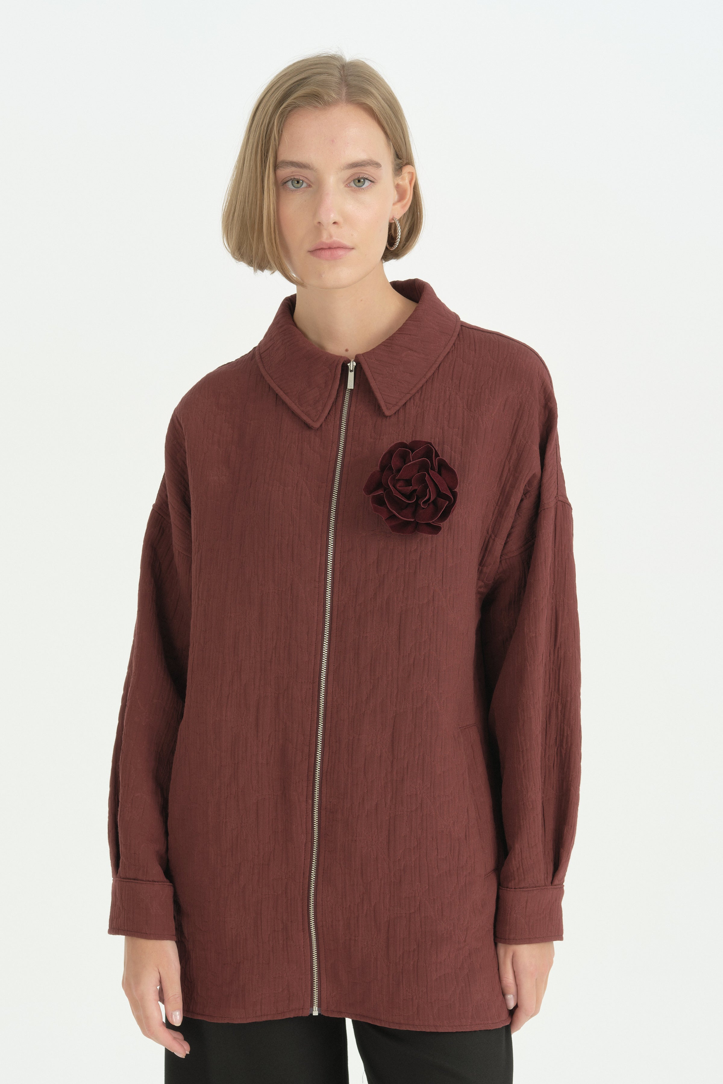 Floral Desen İnce Kapitone Ceket - Bordo