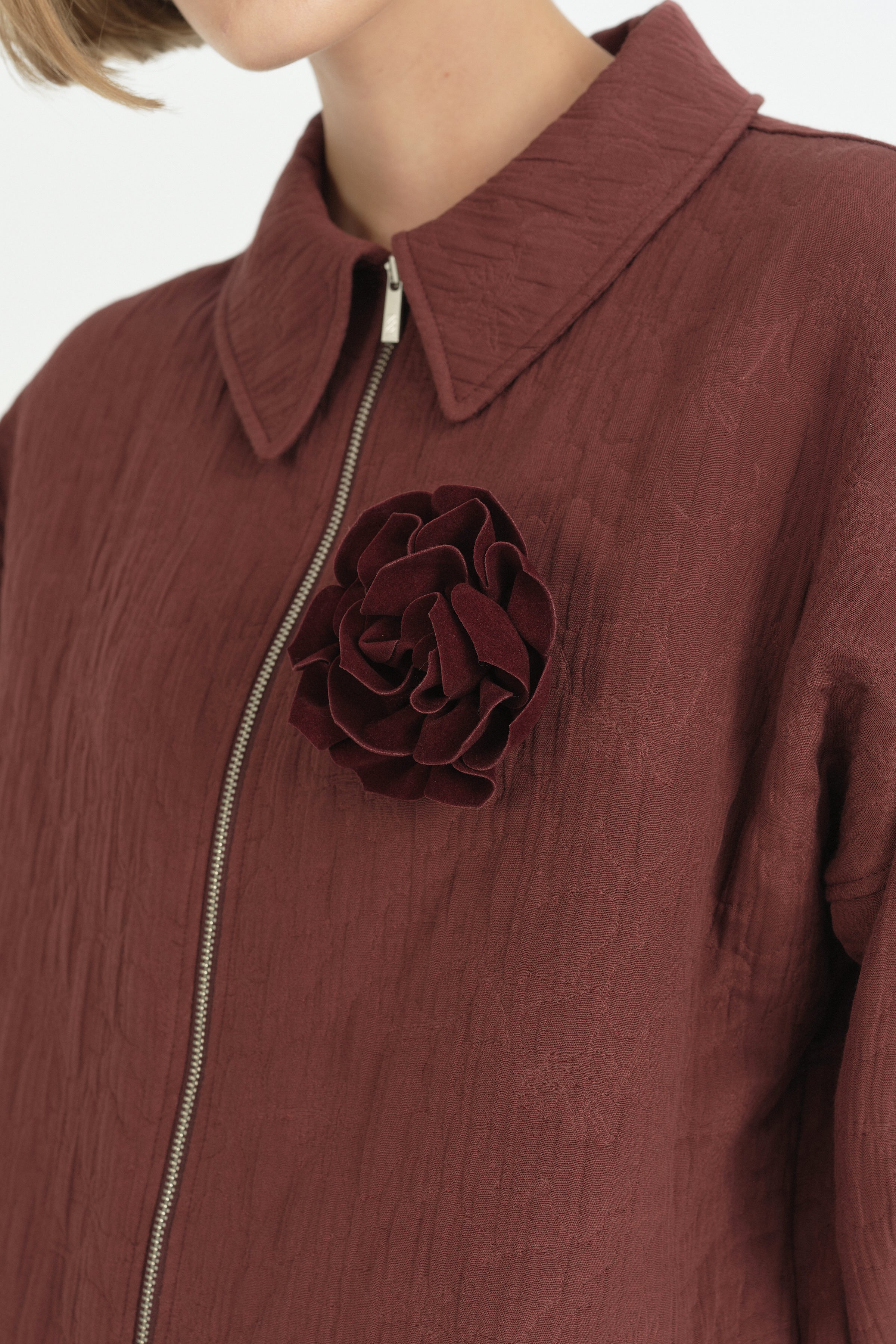 Floral Desen İnce Kapitone Ceket - Bordo