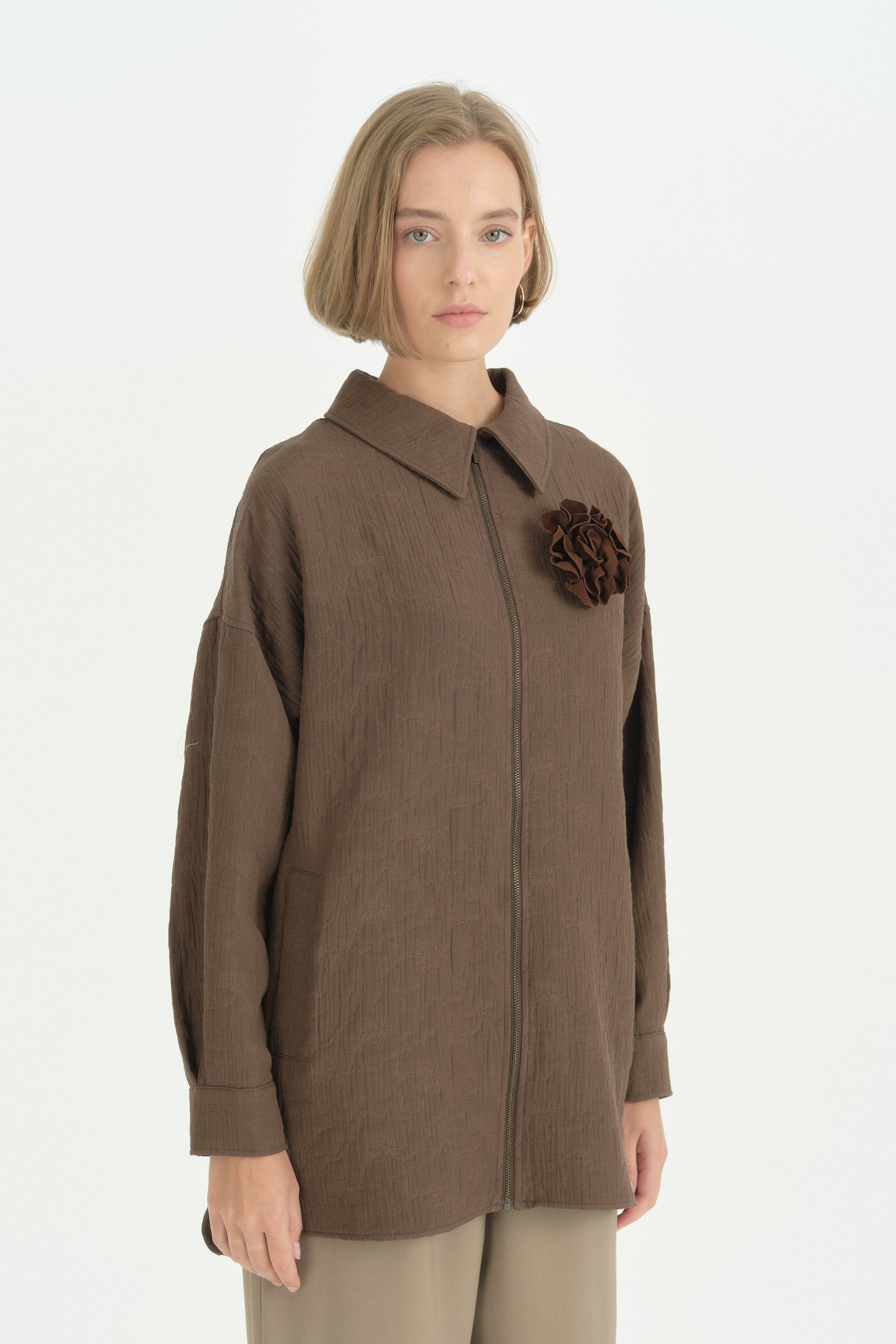 Floral Desen İnce Kapitone Ceket - Kahve