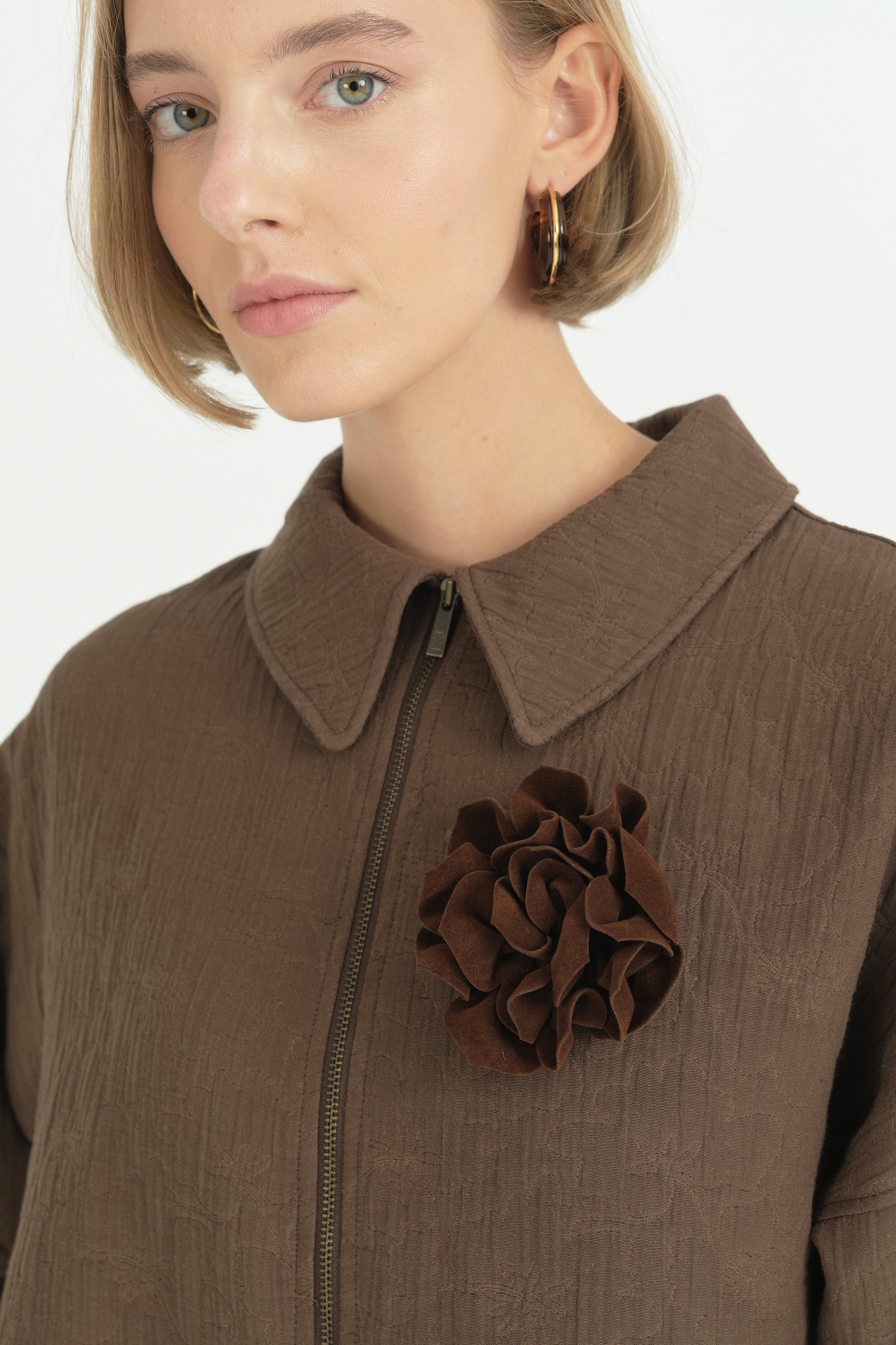 Floral Desen İnce Kapitone Ceket - Kahve