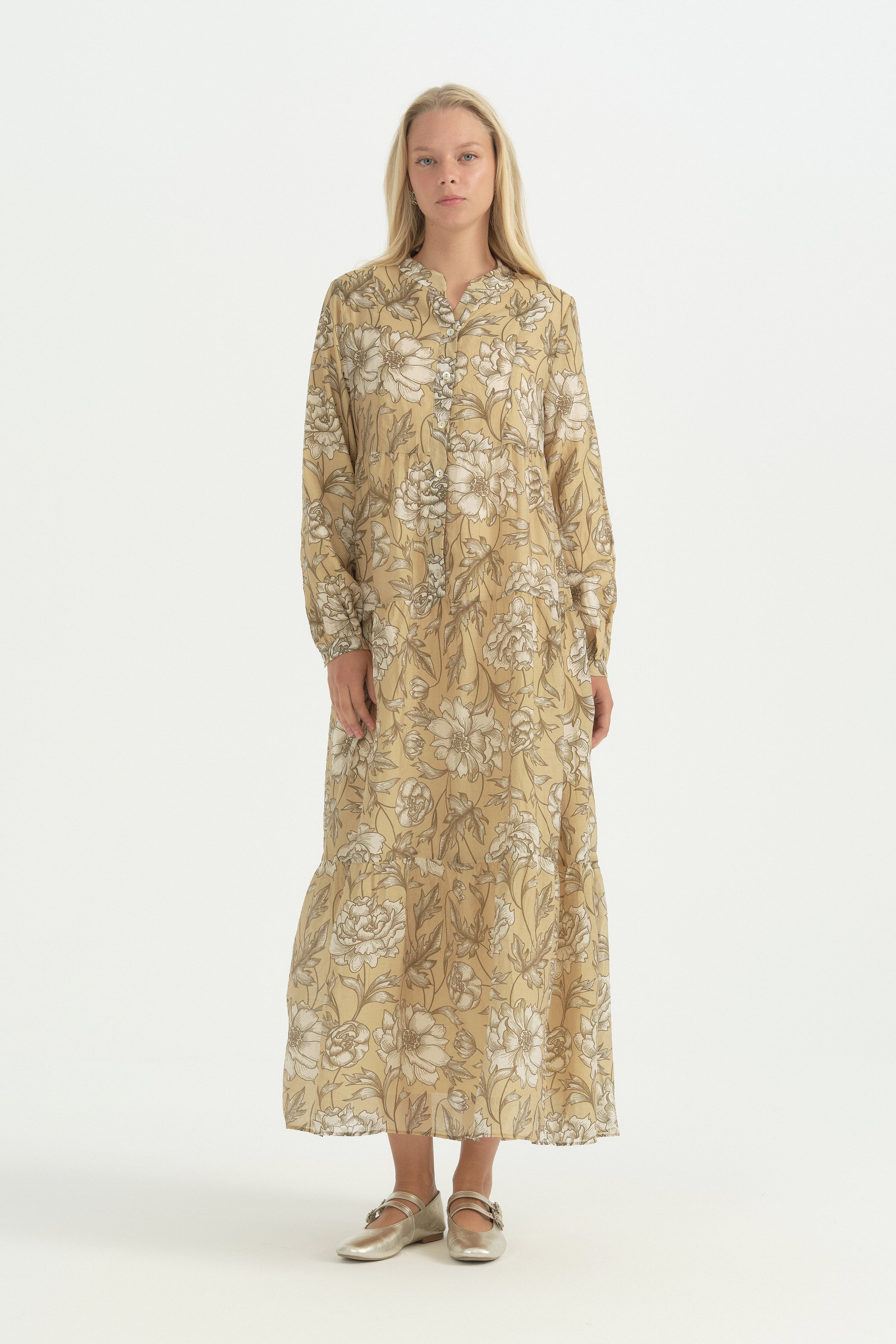 Floral Desenli Büzgülü Elbise - Olive