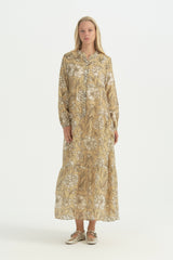 Floral Desenli Büzgülü Elbise - Olive