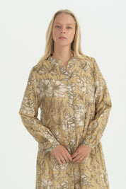 Floral Desenli Büzgülü Elbise - Olive