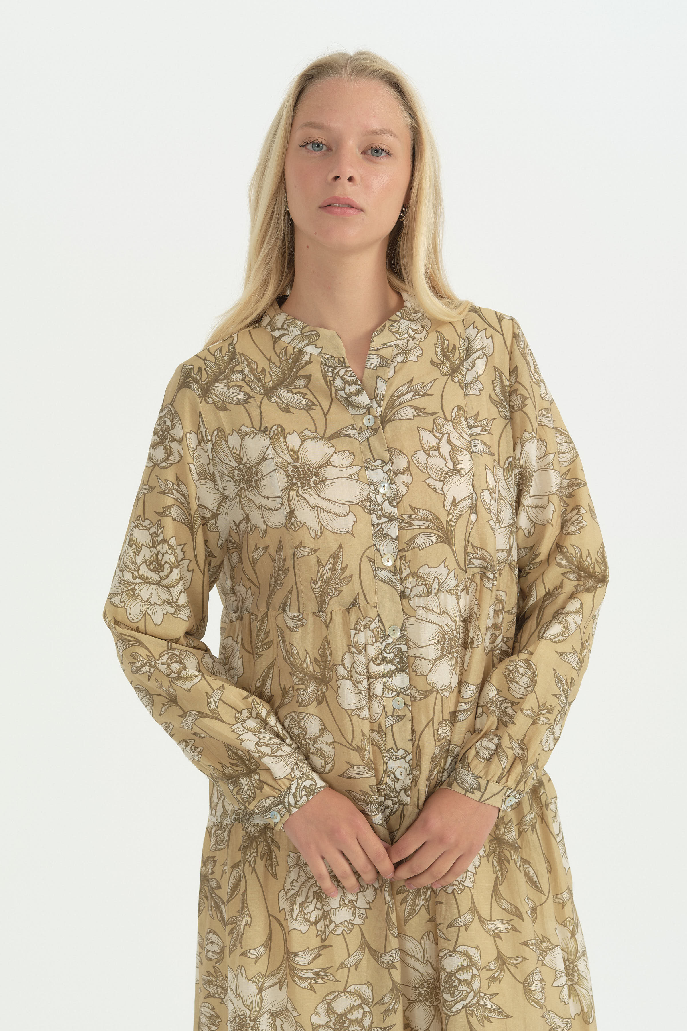 Floral Desenli Büzgülü Elbise - Olive