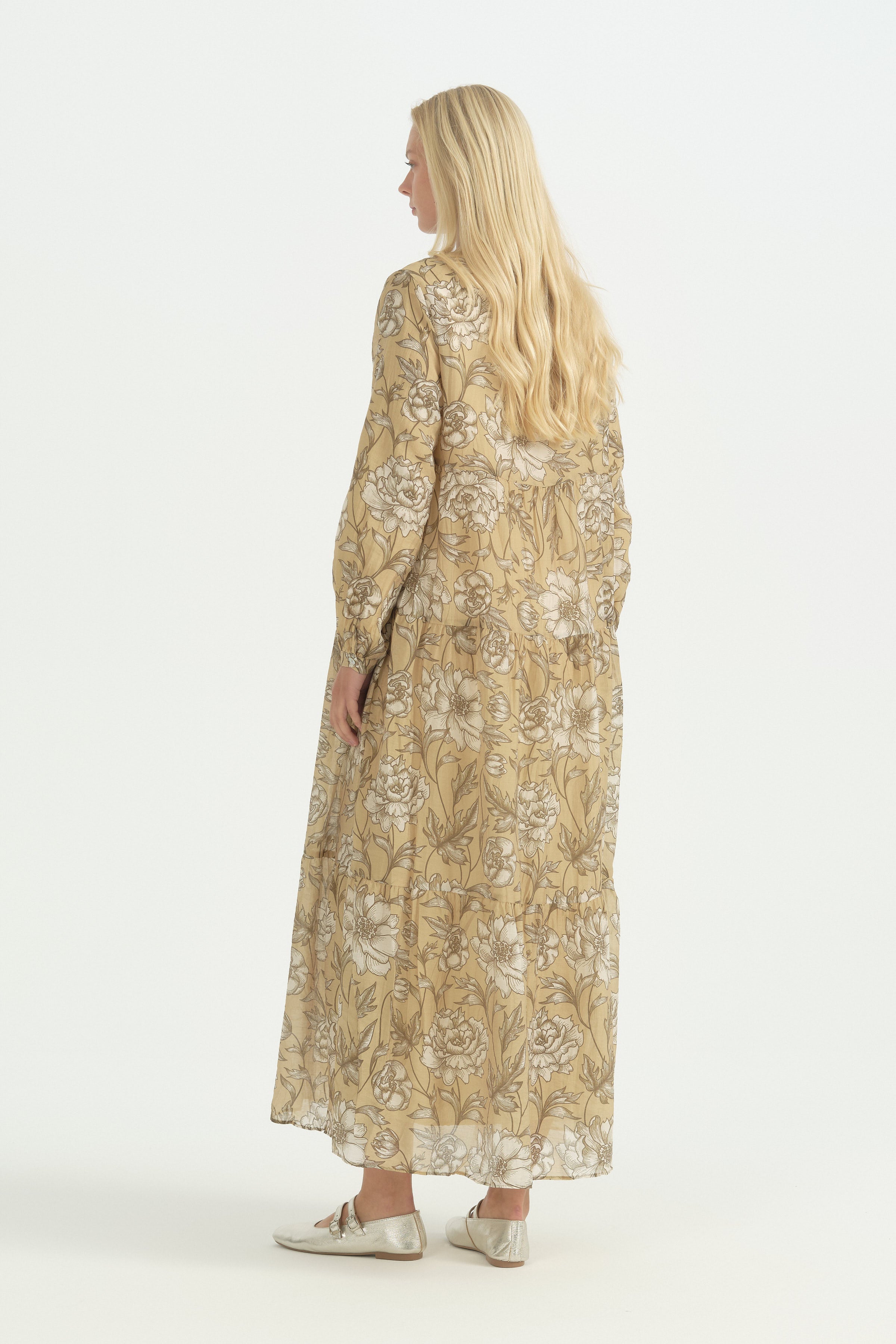 Floral Desenli Büzgülü Elbise - Olive