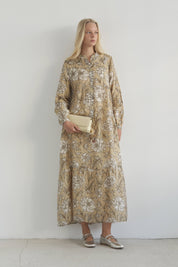 Floral Desenli Büzgülü Elbise - Olive
