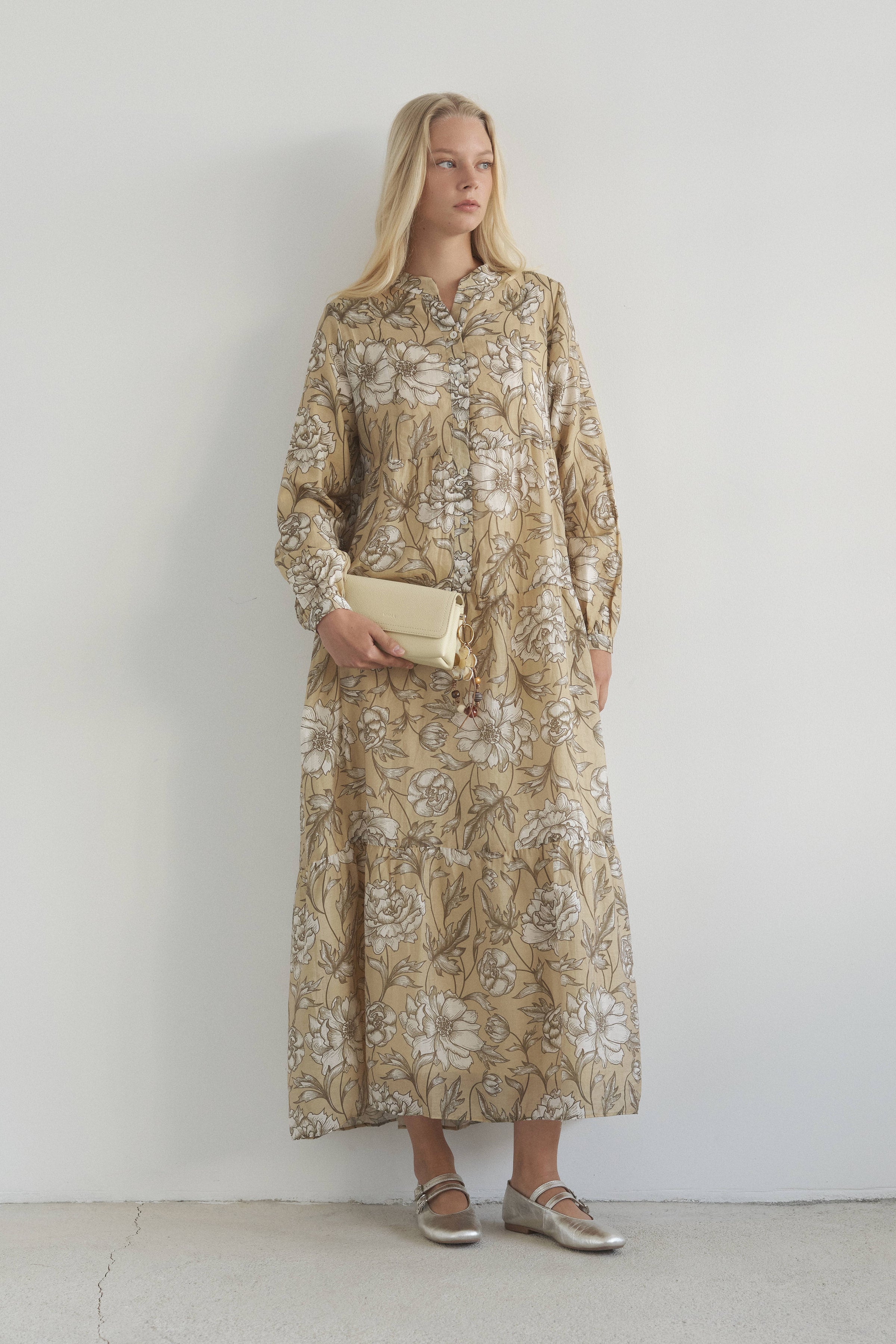 Floral Desenli Büzgülü Elbise - Olive