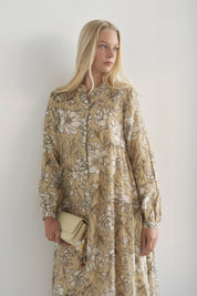 Floral Desenli Büzgülü Elbise - Olive