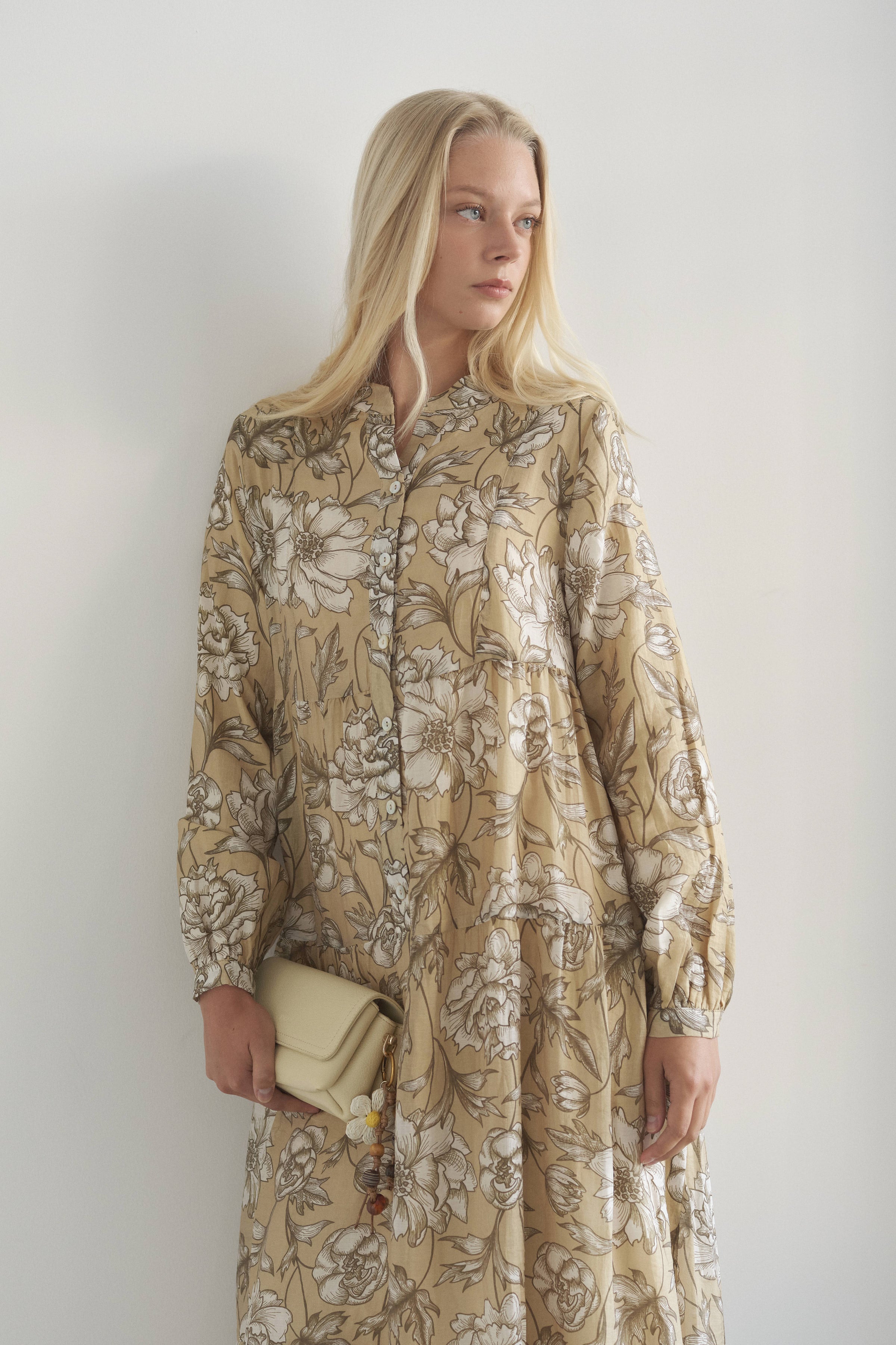 Floral Desenli Büzgülü Elbise - Olive