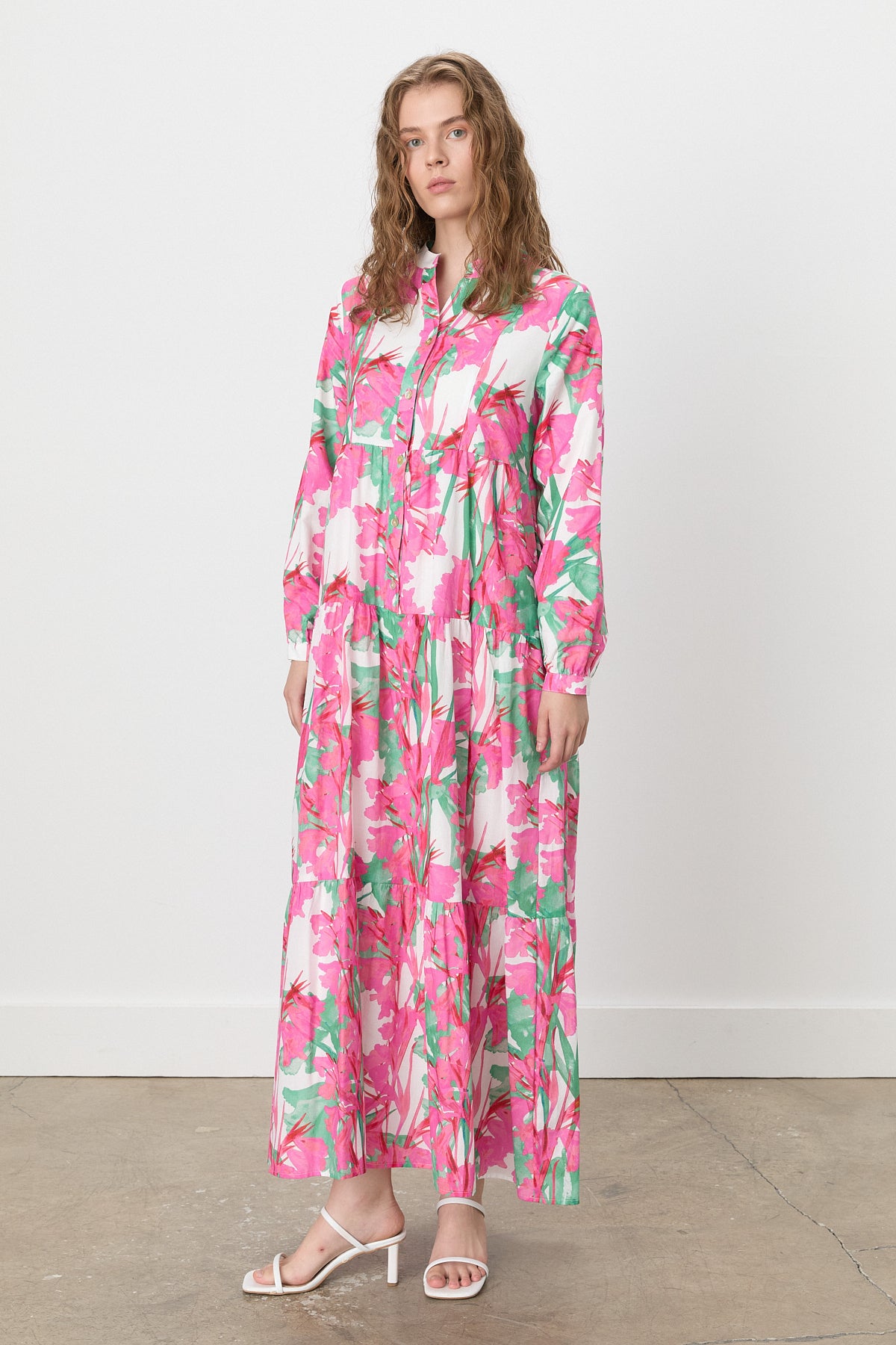 Floral Desenli Büzgülü Empirme Elbise - Pembe