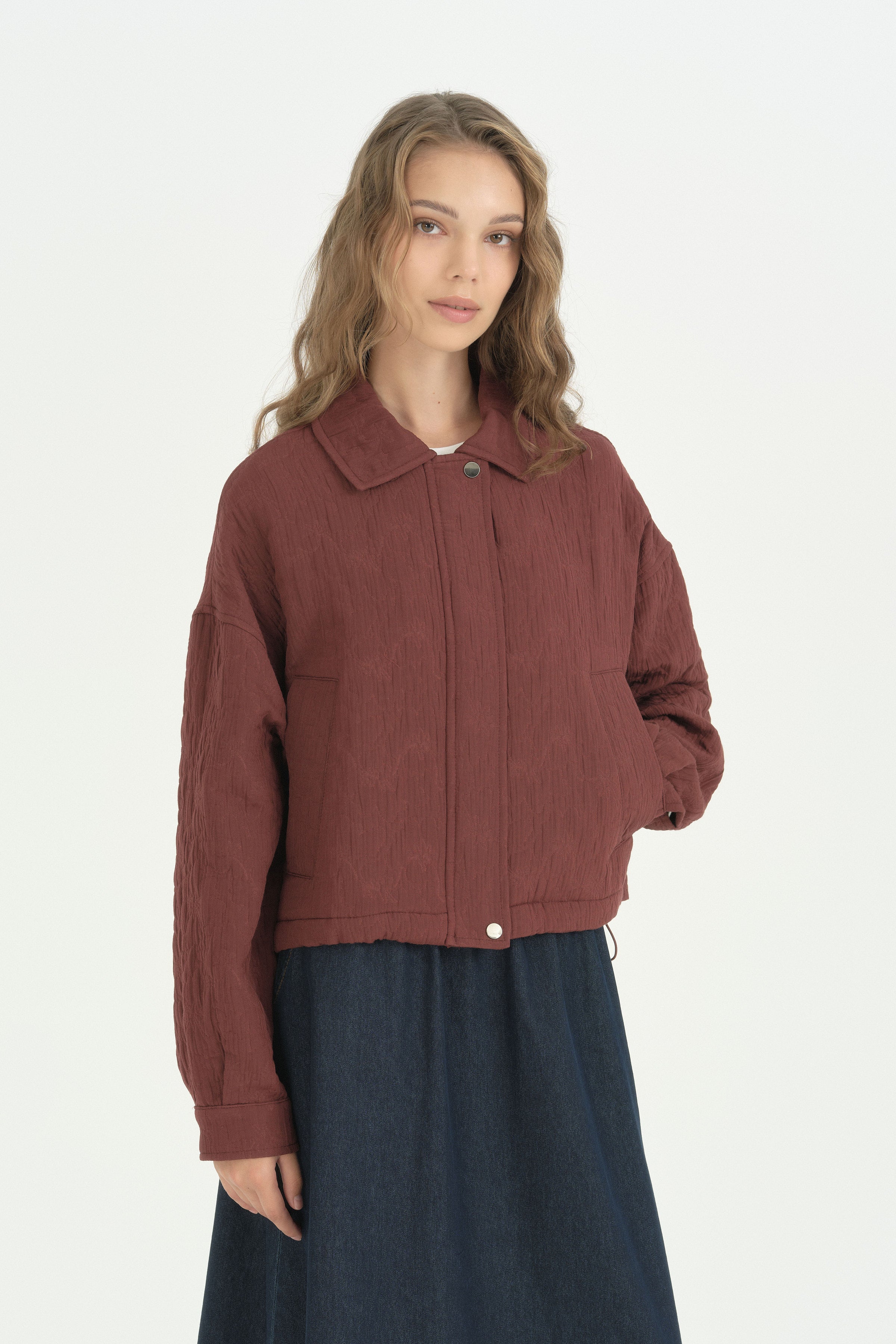 Floral Desenli Crop Kapitone Ceket - Bordo