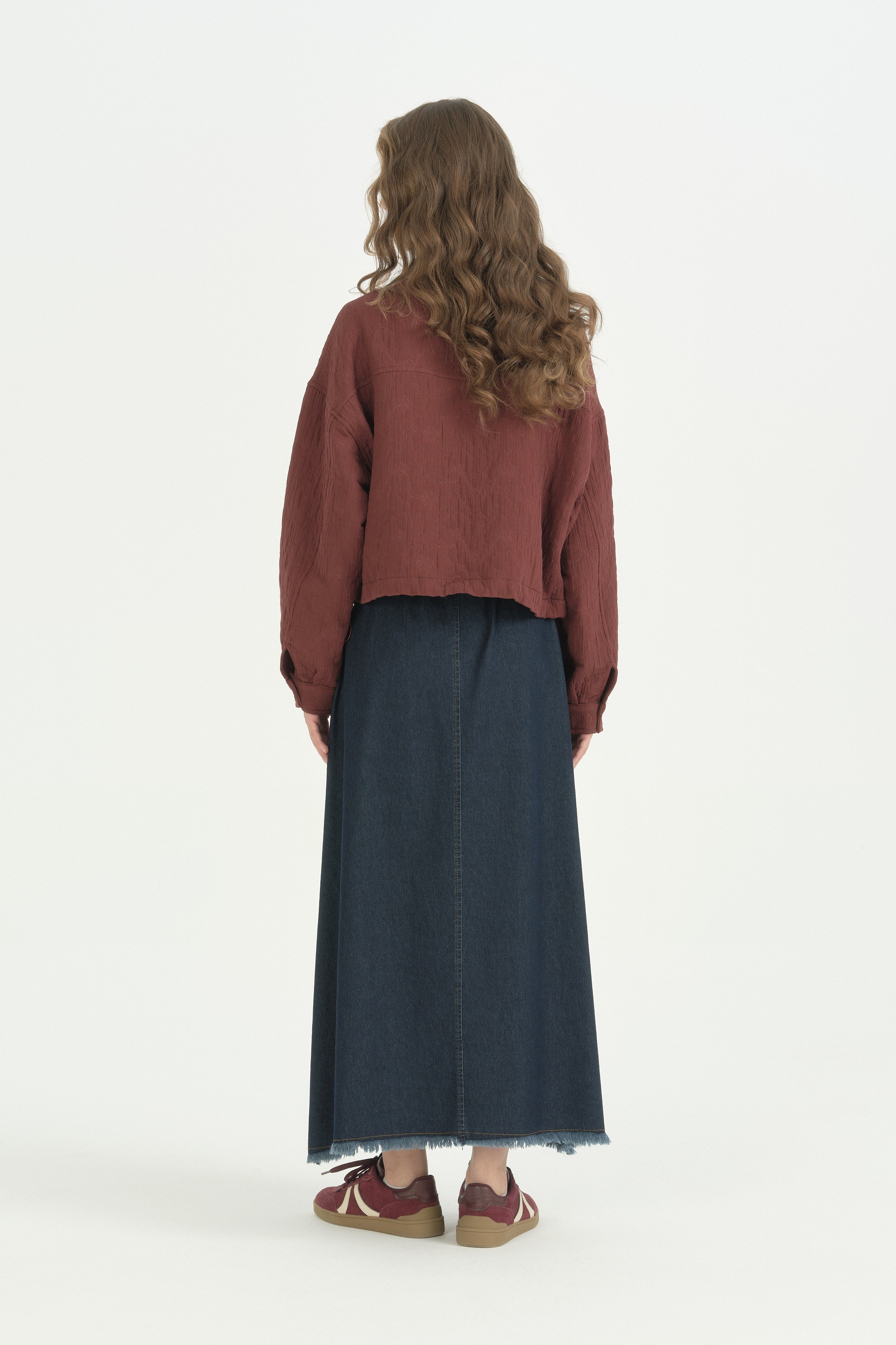 Floral Desenli Crop Kapitone Ceket - Bordo