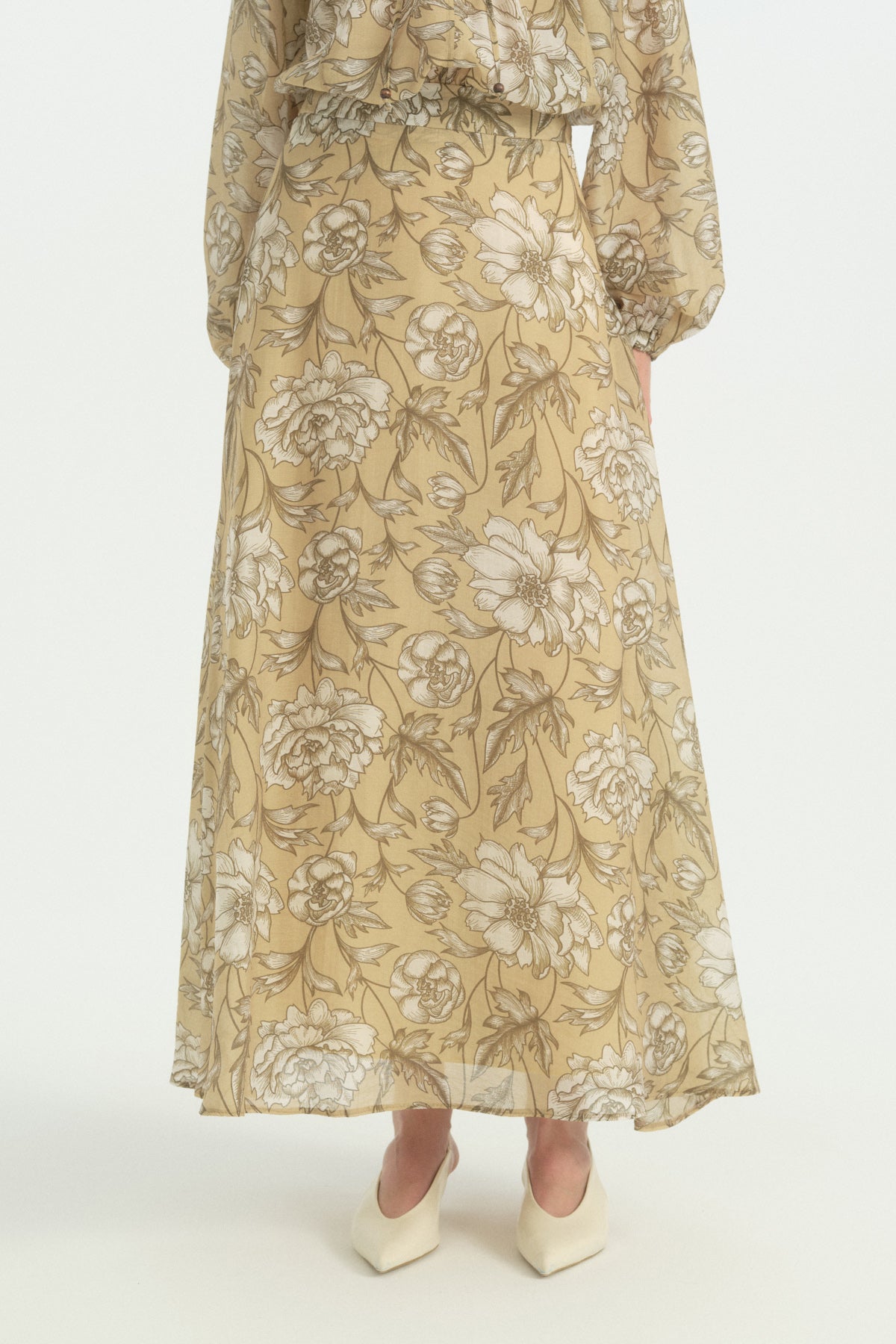 Floral Desenli Kloş Etek - Olive