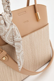 Braided Tote Bag with Scarf Accessory - Beige