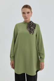 Fular Detaylı Asimetrik Tunik - Olive