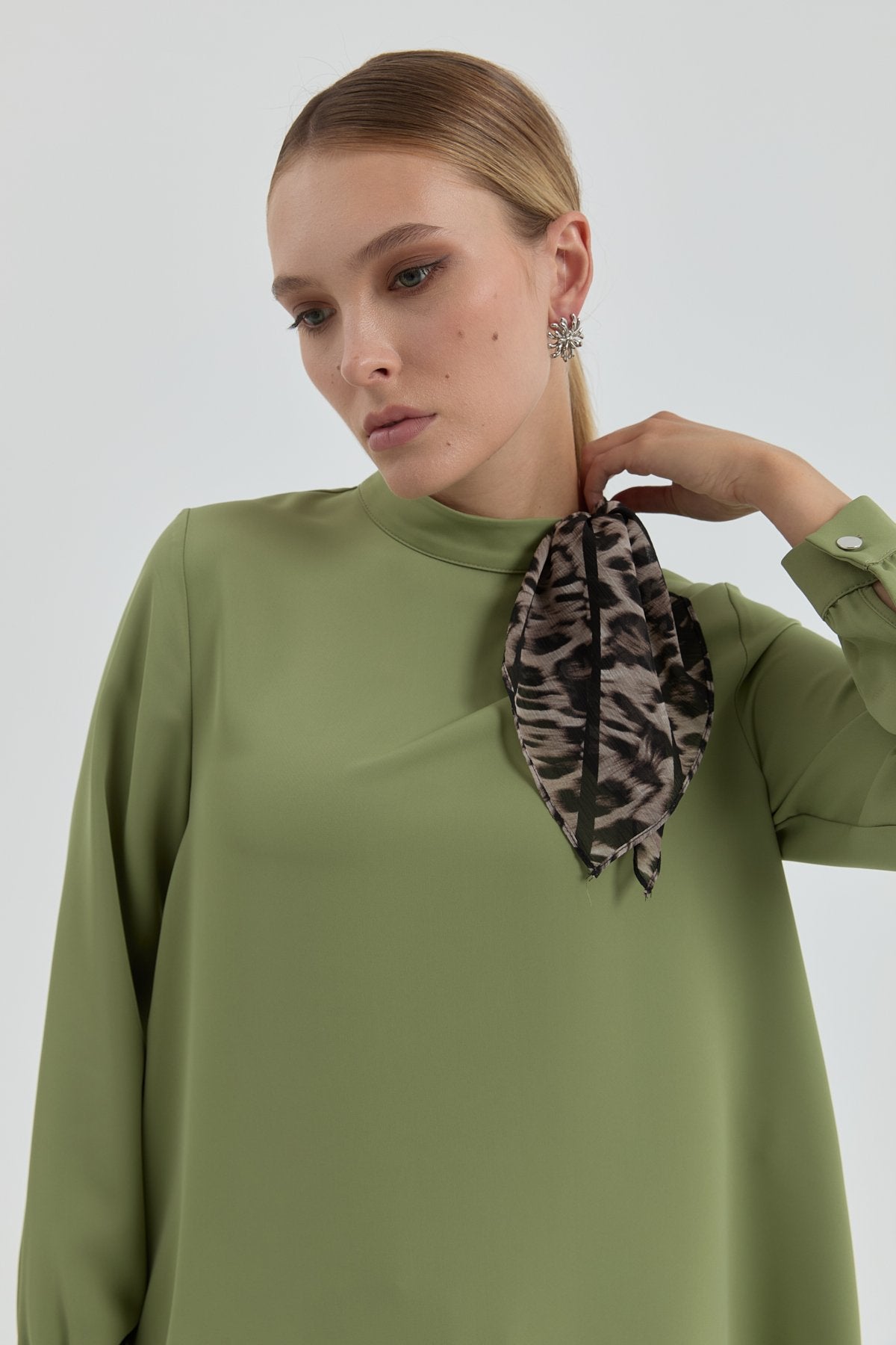 Asymmetrical Tunic with Scarf Detail - Olive
