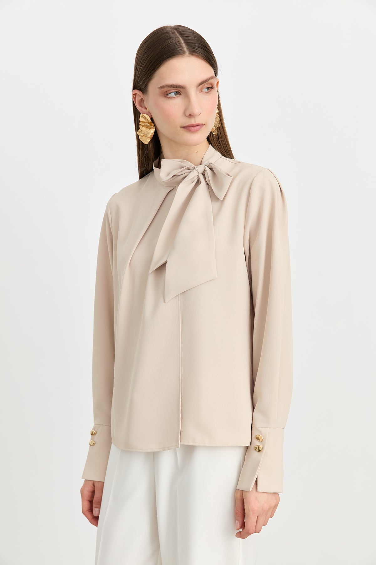 Elegant Blouse with Scarf Detail - Beige