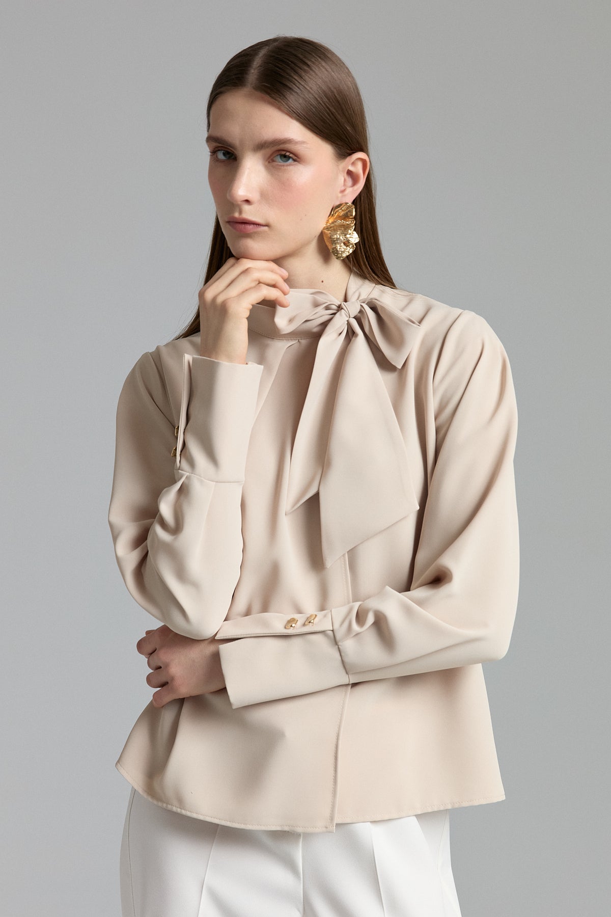 Elegant Blouse with Scarf Detail - Beige