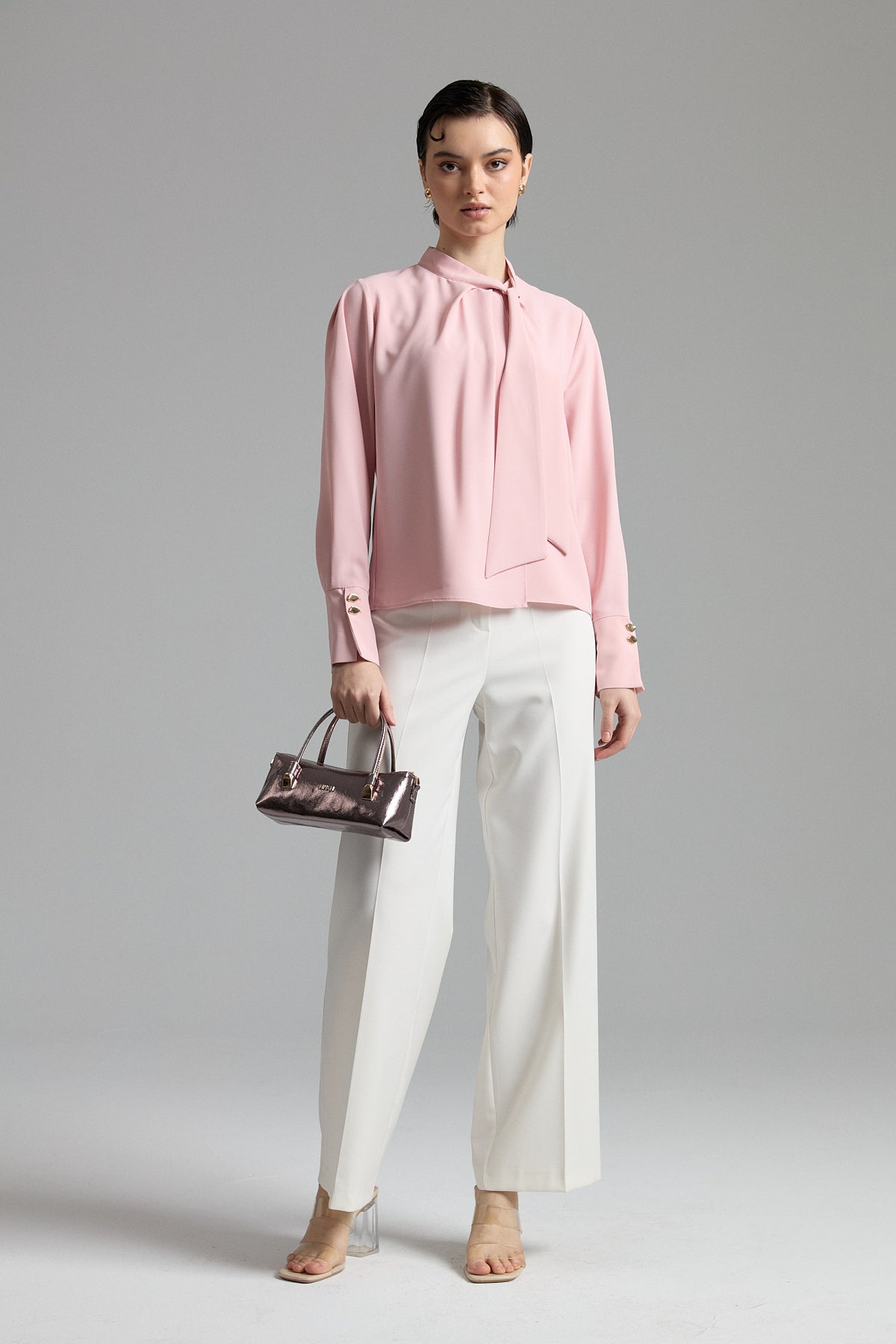 Elegant Blouse with Scarf Detail - Powder Pink