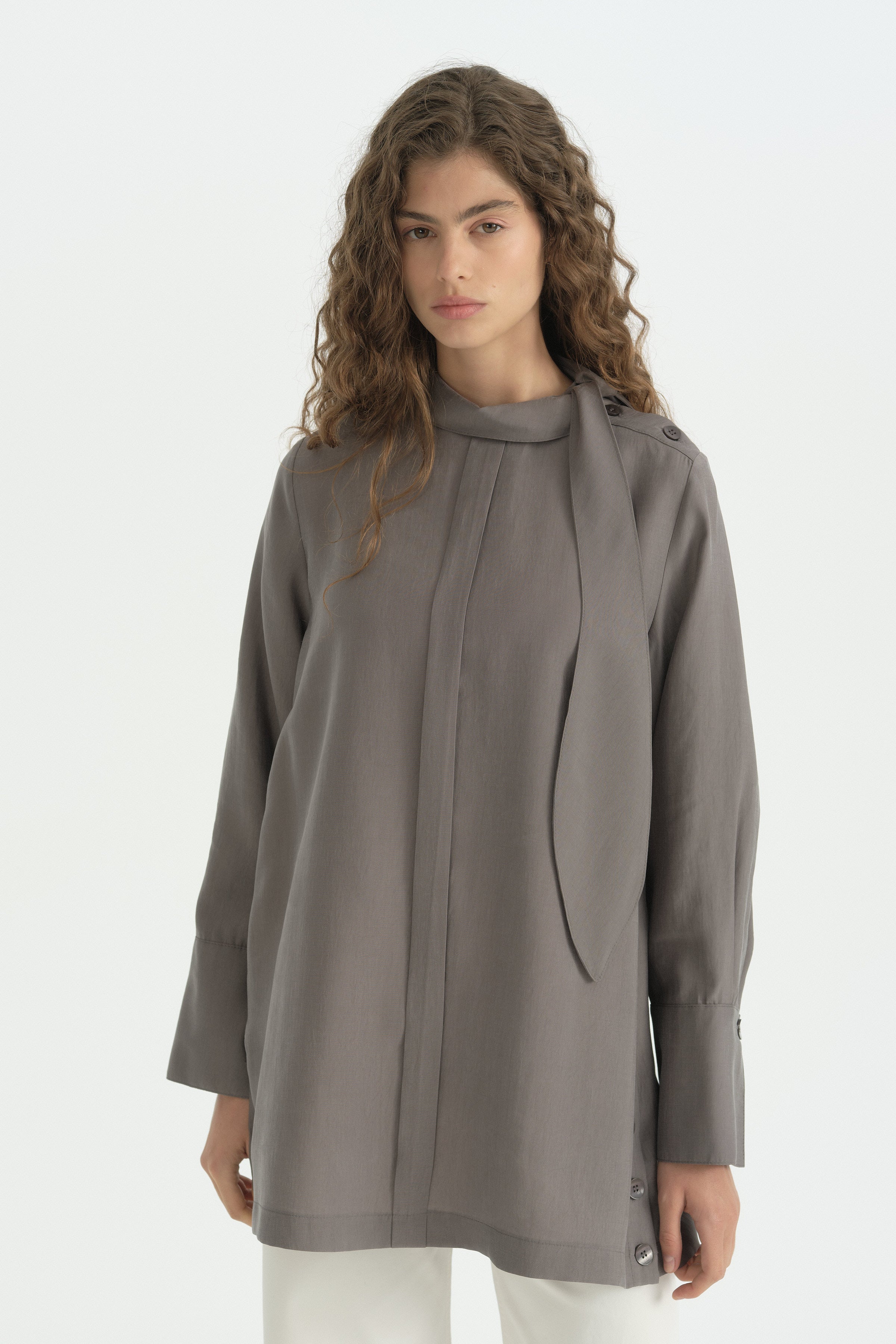 Fular Yaka Lyocell Tunik - Füme
