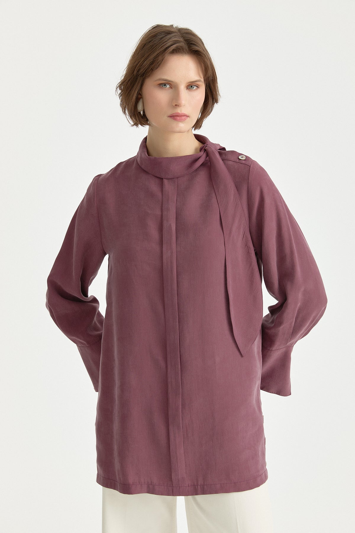 Fular Yaka Lyocell Tunik - Mürdüm