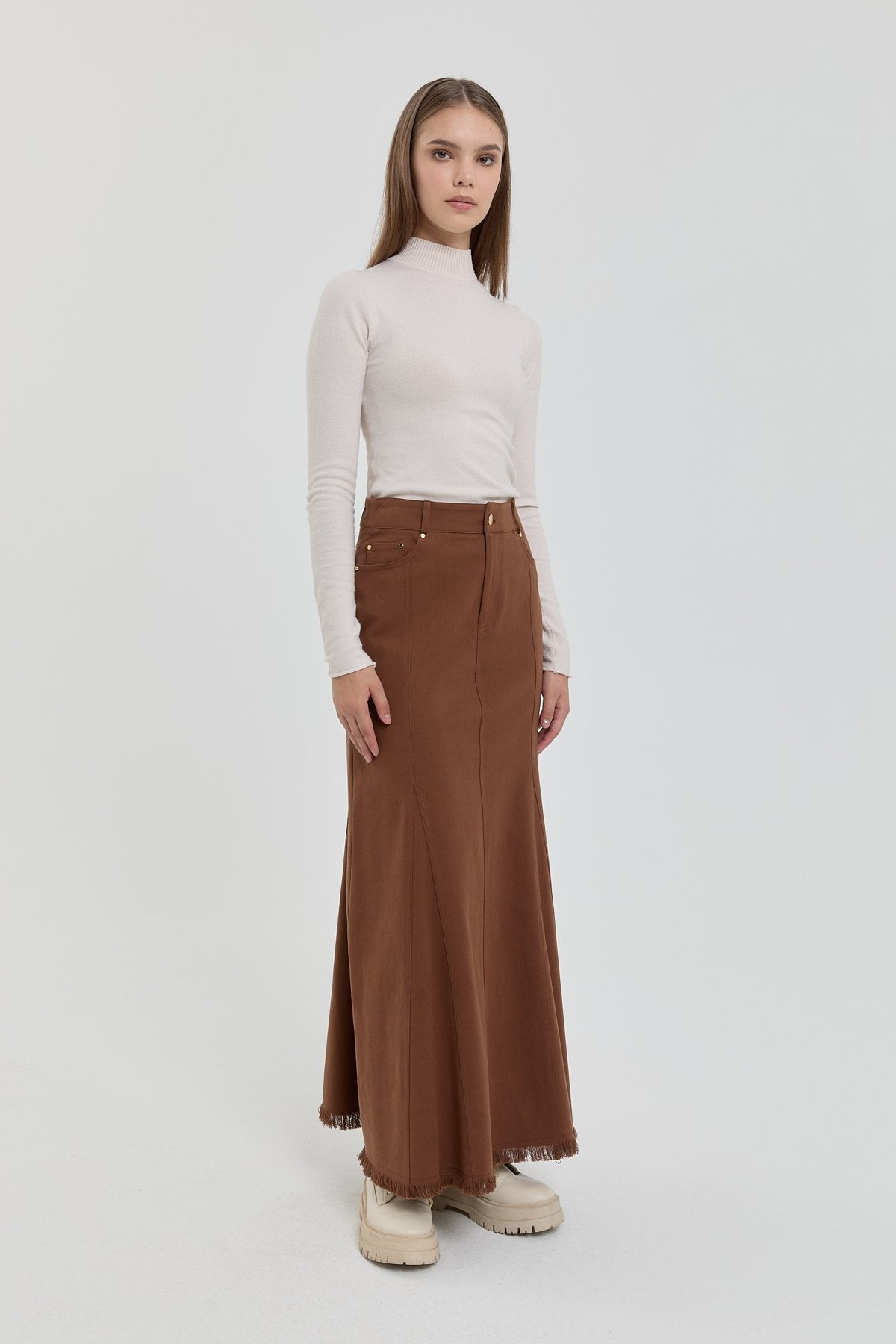 Gabardin 8 Panel Etek - Kahve