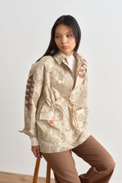 Gabardine Patterned Jacket with Drawstring Waist - Beige