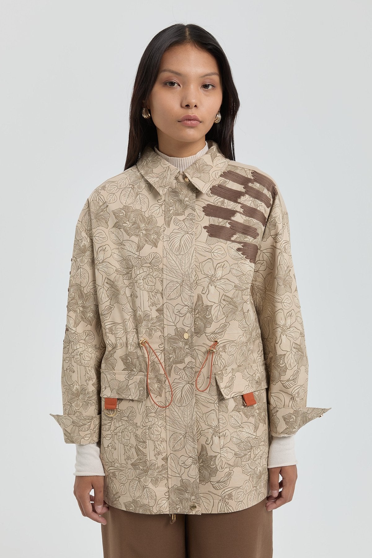 Gabardine Patterned Jacket with Drawstring Waist - Beige
