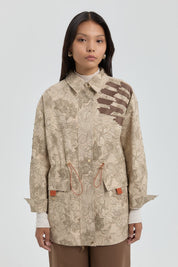 Gabardine Patterned Jacket with Drawstring Waist - Beige