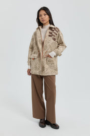 Gabardine Patterned Jacket with Drawstring Waist - Beige