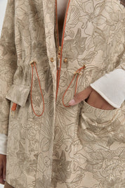 Gabardine Patterned Jacket with Drawstring Waist - Beige