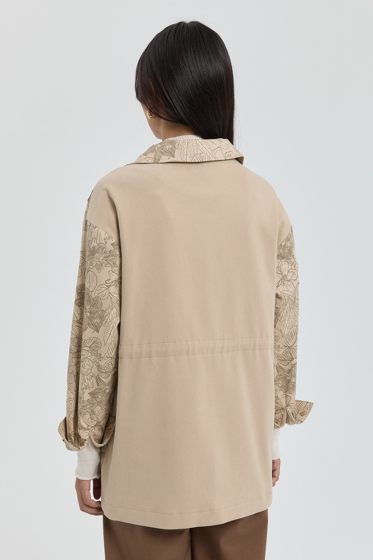 Gabardine Patterned Jacket with Drawstring Waist - Beige