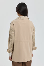 Gabardine Patterned Jacket with Drawstring Waist - Beige