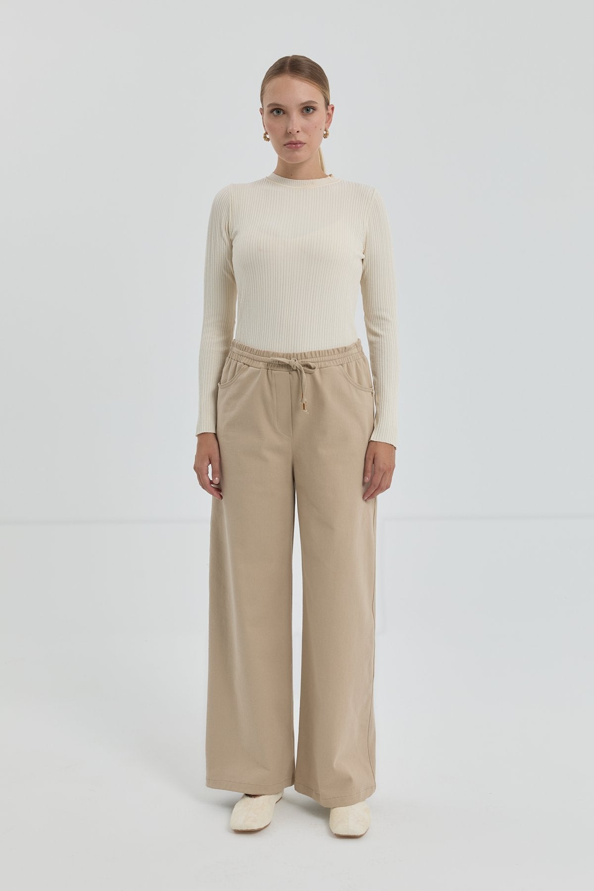 Gabardin Beli Lastikli Bol Paça Pantolon - Bej