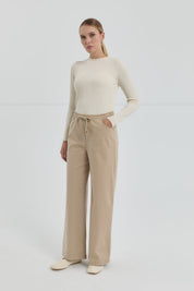 Gabardin Beli Lastikli Bol Paça Pantolon - Bej