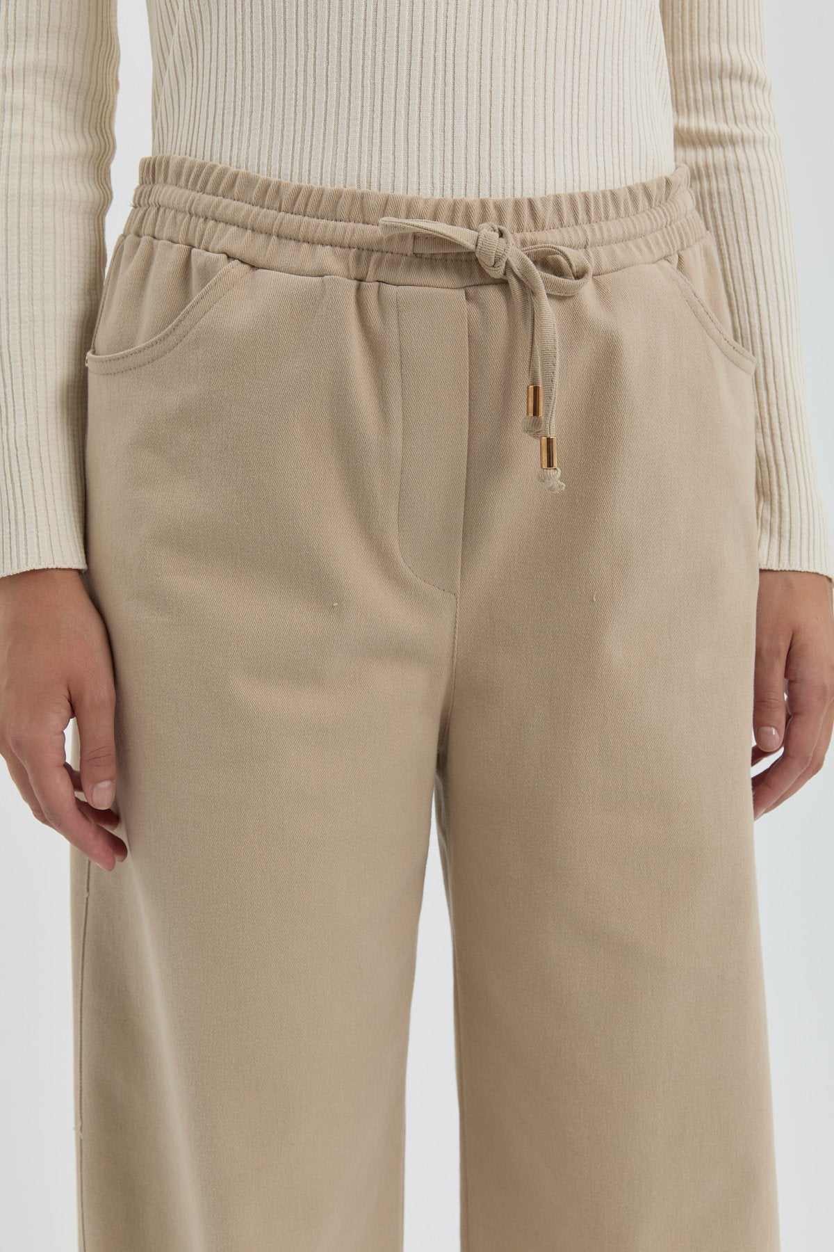 Gabardin Beli Lastikli Bol Paça Pantolon - Bej
