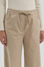 Gabardin Beli Lastikli Bol Paça Pantolon - Bej