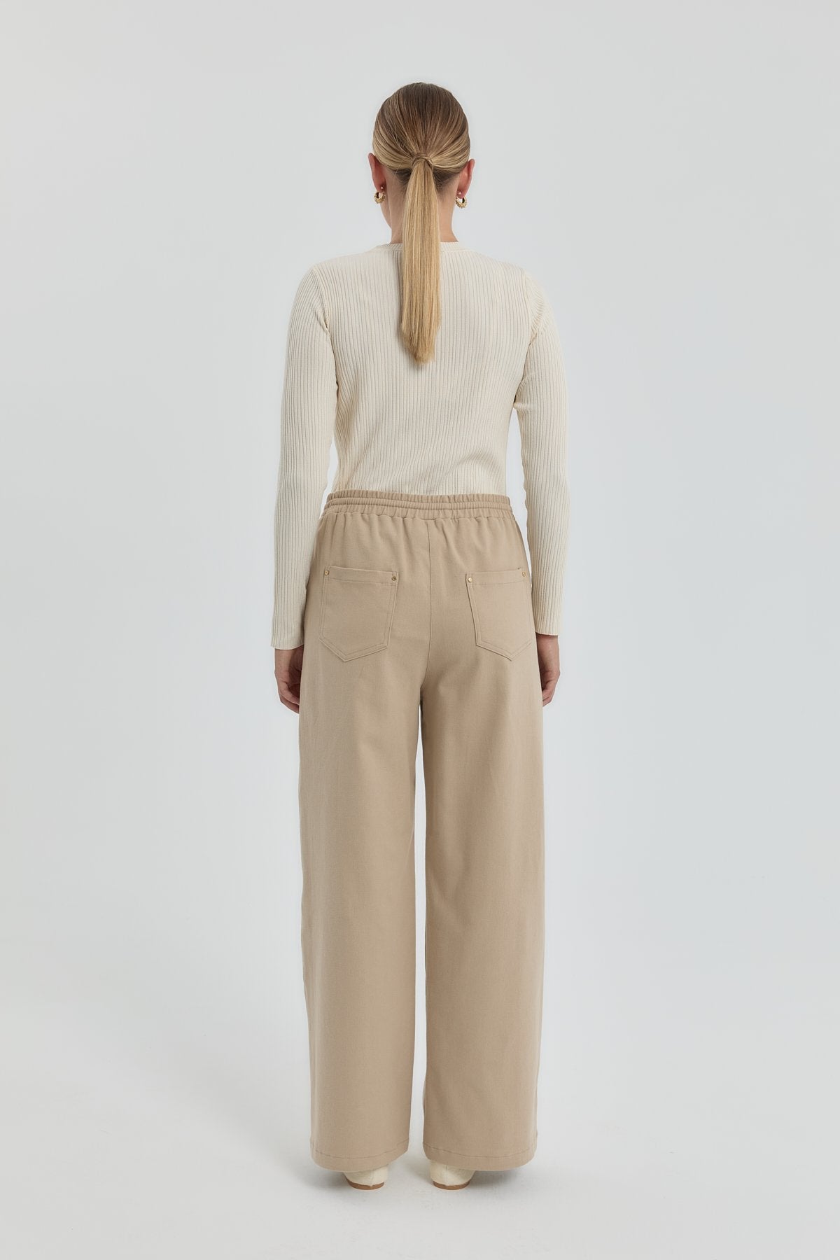 Gabardin Beli Lastikli Bol Paça Pantolon - Bej