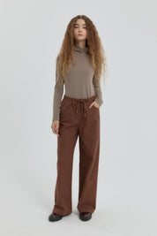 Gabardin Beli Lastikli Bol Paça Pantolon - Kahve